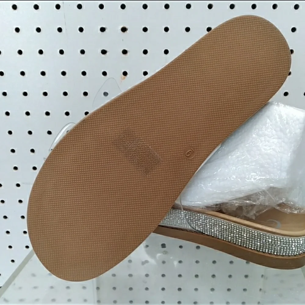 C Comfort | Women's Silver Sandals Rhinestone Flat Wedge Heel Strap Buckle Slide - Picture 9 of 9